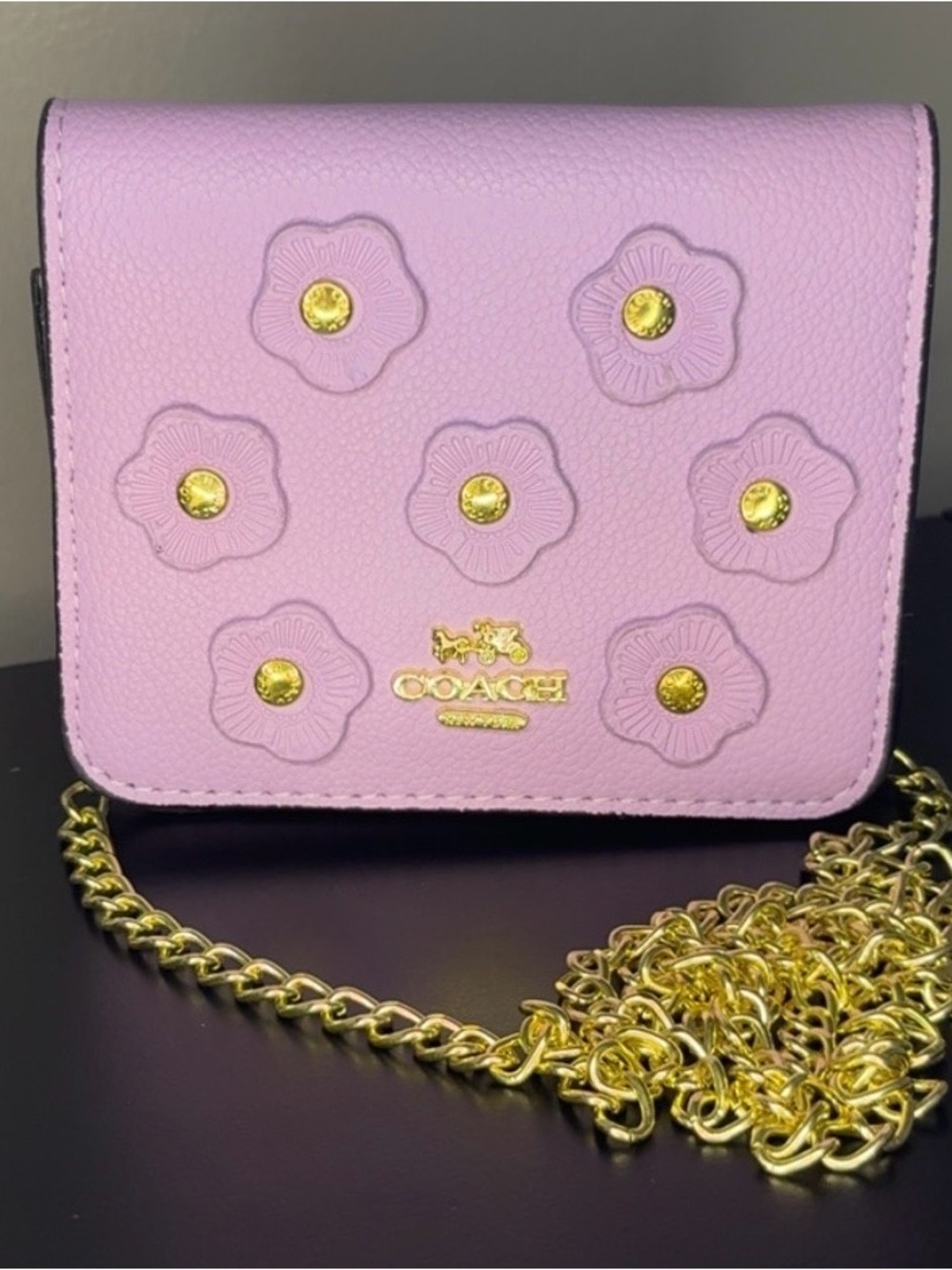 Coach Lavender Floral Stud Leather Crossbody with Gold Chain